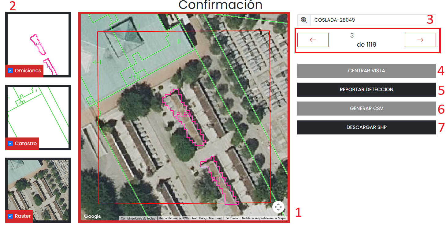 Interfaz de la aplicación ScoobyIA: pantalla de confirmación con comparación de vectores catastrales sobre imagen aérea